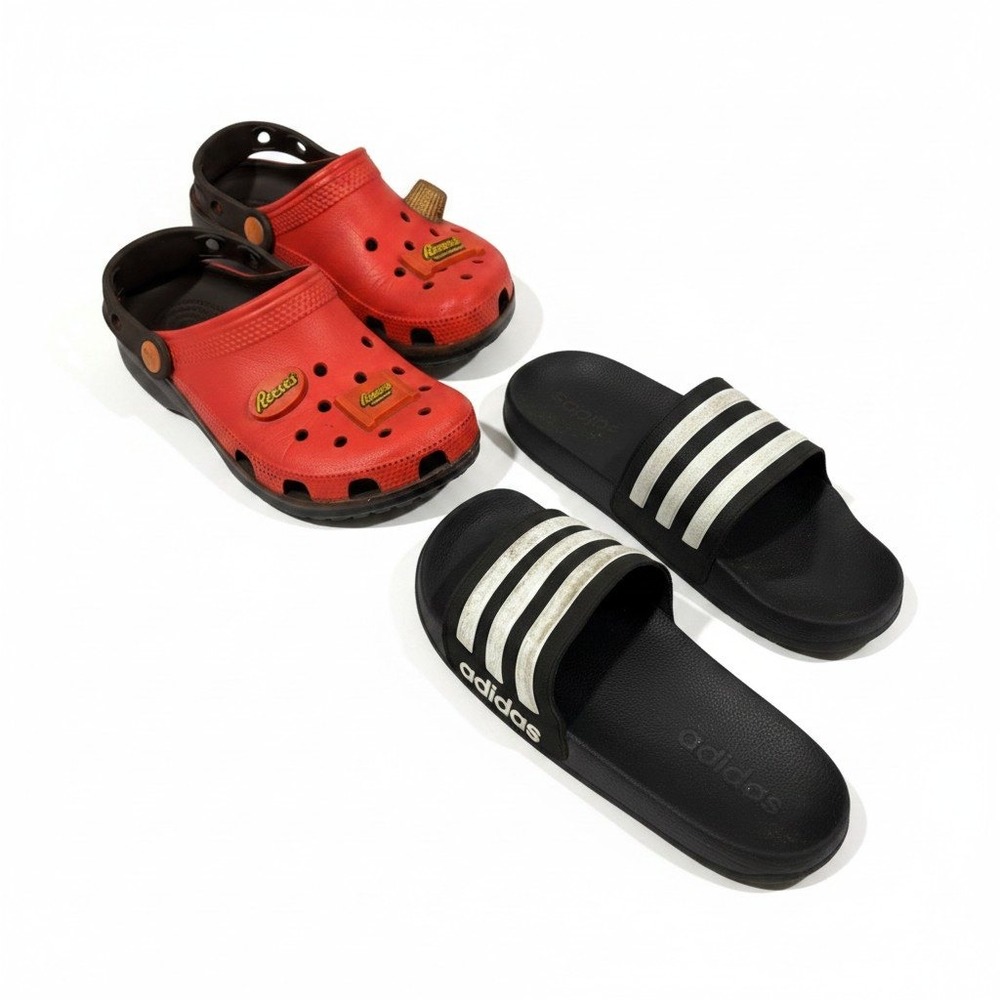Adidas 2 Black Slides & Crocs 2 Orange Reese's Clogs Kids Shoe Lot Athleisure